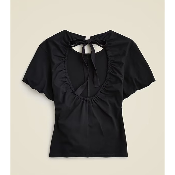 J.Crew Open Back Puff Sleeve Top Stretch Cotton Satin Bow Preppy XS NWT - Picture 2 of 13